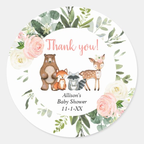 Baby girl woodland animals blush pink greenery classic round sticker