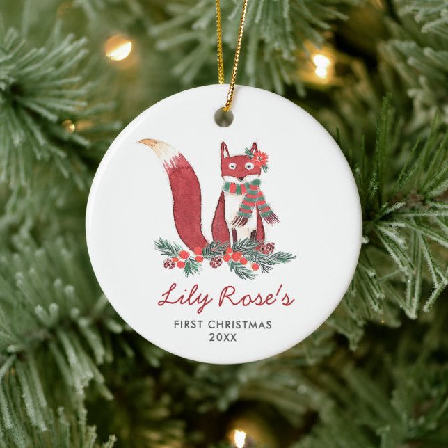 Baby Girl Woodland Fox Personalized 1st Christmas Ceramic Ornament (Tree)