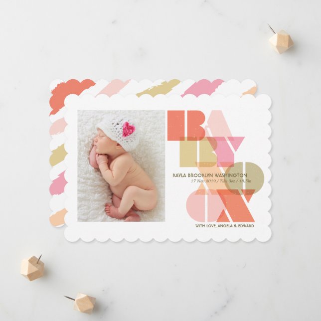Baby Girl XOXO Pink Typography Modern Photo Birth Announcement (Front/Back In Situ)