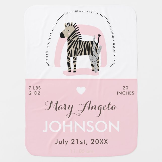 Baby Girl Zebra Pink Rainbow Birth Stats & Name Baby Blanket (Front)