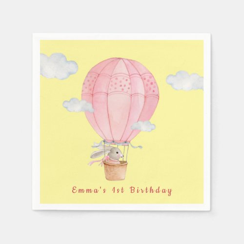 Baby Girls 1st birthday Bunny in Hot air balloon Napkins