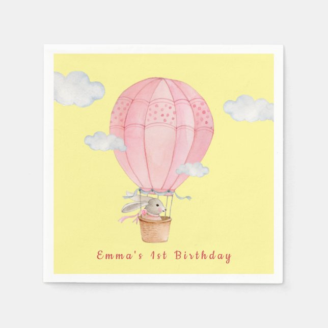 Baby Girls 1st birthday Bunny in Hot air balloon Napkins (Front)