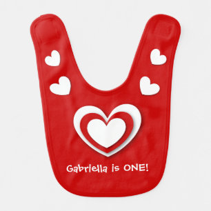 Baby Girl's 1st Birthday Gift White Red Hearts Bib