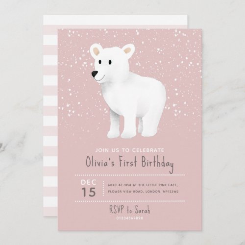 Baby Girls 1st Birthday Pink Holiday Polar Bear Invitation