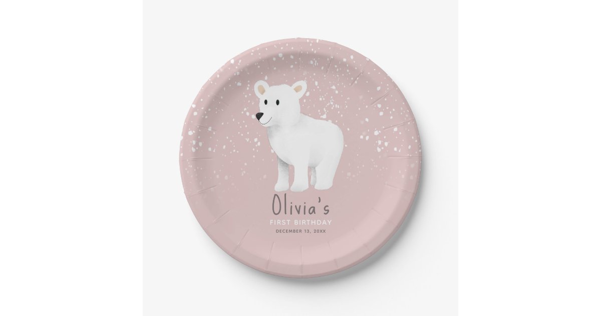 Baby Girls 1st Birthday Pink Winter Polar Bear Paper Plates | Zazzle