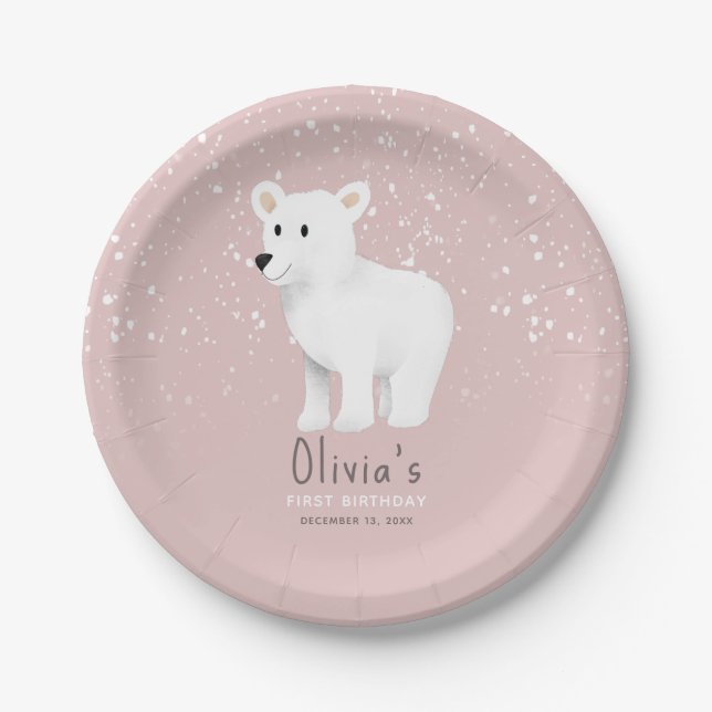 Baby Girls 1st Birthday Pink Winter Polar Bear Paper Plates (Front)