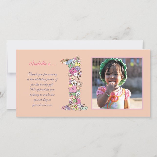 Baby Girls 1st Birthday Thank You Photo Card (Front)