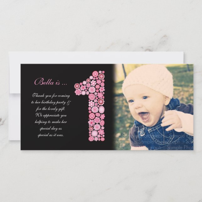 Baby Girls 1st Birthday Thank You Photo Card (Front)