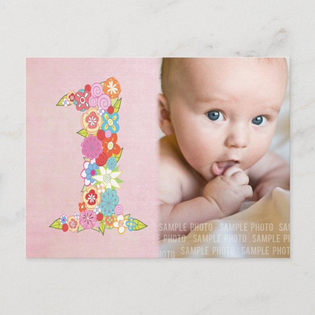 Baby Girl's 1st Birthday Thank You Photo Card (Front)