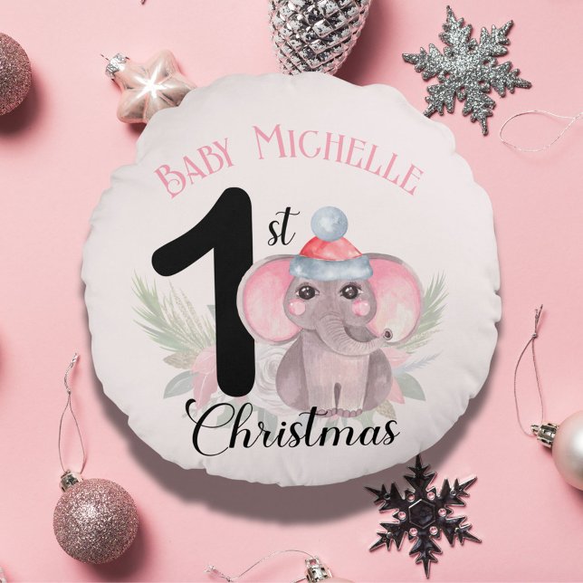 Baby Girl's 1st Christmas Cute Pink Elephant Name Round Pillow (Creator Uploaded)