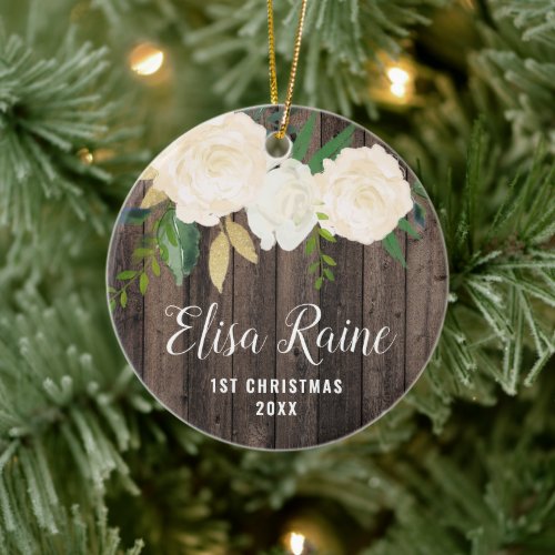 Baby Girls 1st Christmas Personalized White Roses Ceramic Ornament