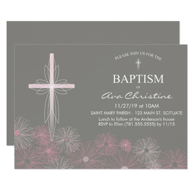 Baby Girl's Baptism Invitation With Cross, Daisies