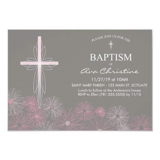 Baby Girl's Baptism Invitation With Cross, Daisies