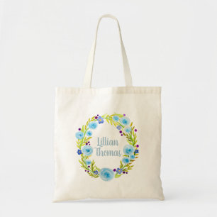 Baby Girl's Blue Watercolor Flower Wreath and Name Tote Bag