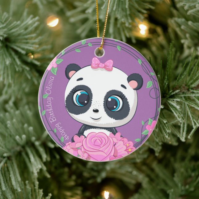 Baby Girl's Celebration. Purple cute flower animal Ceramic Ornament (Tree)