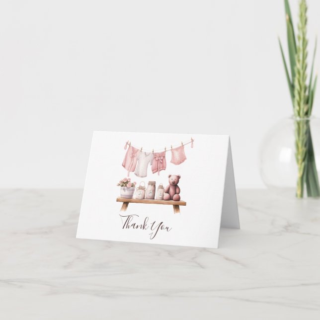Baby Girl's Clothes, Clothesline Baby Shower  Thank You Card (Front)