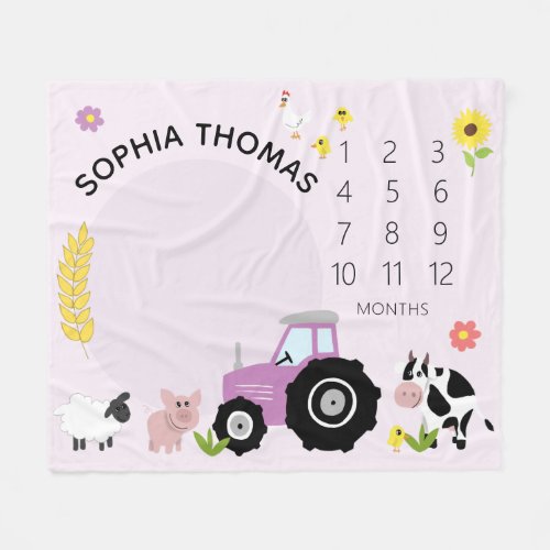 Baby Girls Cute Pink Farm Animal Tractor Milestone Fleece Blanket