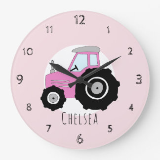 Baby Girl's Doodle Pink Farm Tractor Car Nursery Large Clock