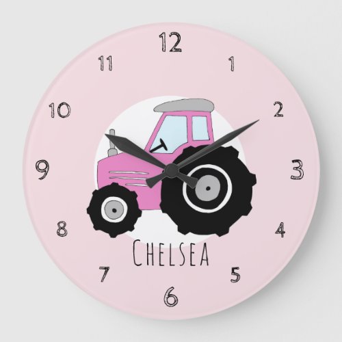 Baby Girls Doodle Pink Farm Tractor Car Nursery Large Clock