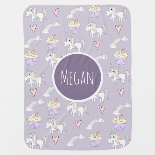 Baby Girls Doodle Unicorn Rainbow Pattern  Name Baby Blanket