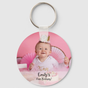 Baby girl's first birthday photo and name keychain