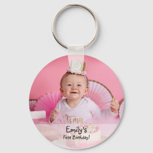 Baby girl's first birthday photo and name keychain