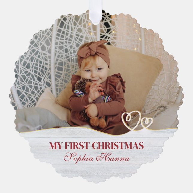 Baby Girl's First Christmas Birth Stats & Photo Ornament Card (Front)