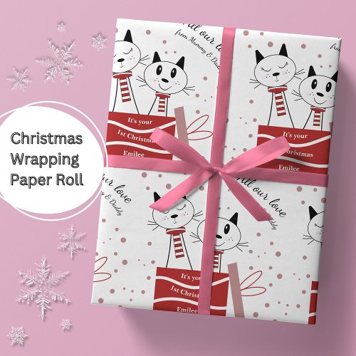 Baby Girls First Christmas Cats Pink Red Wrapping Paper