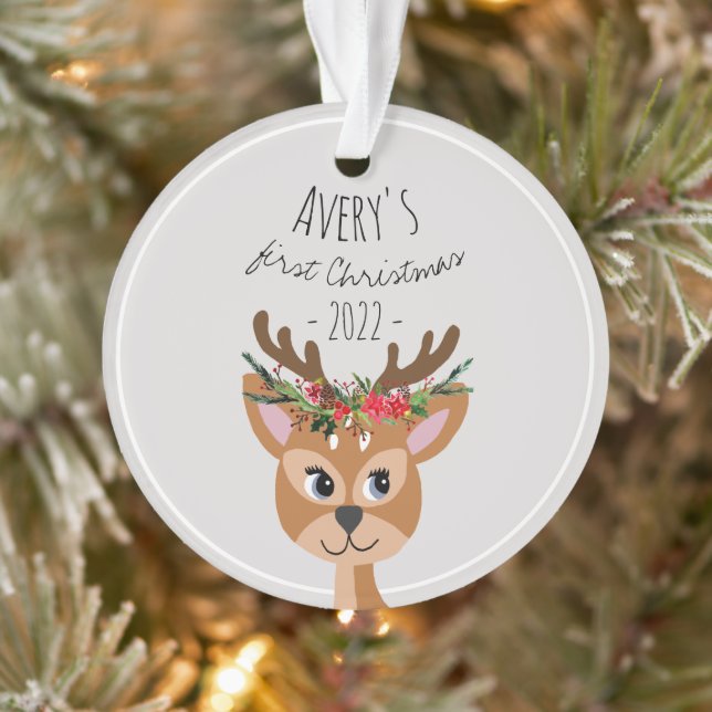 Baby Girls First Christmas Festive Reindeer & Name Ornament (Tree)