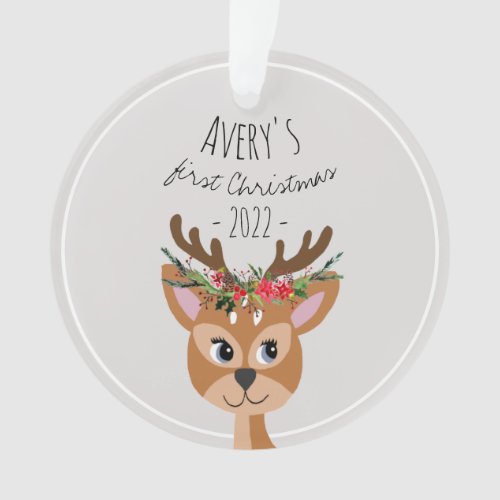 Baby Girls First Christmas Festive Reindeer  Name Ornament