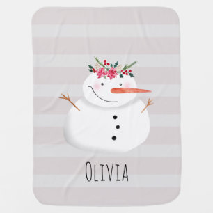 Baby Girls First Christmas Flower Snowman and Name Baby Blanket