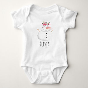 Baby Girls First Christmas Flower Snowman and Name Baby Bodysuit
