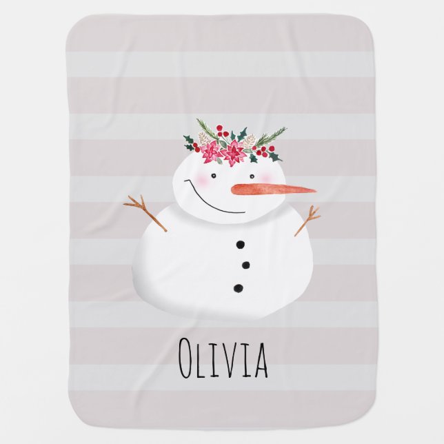 Baby Girls First Christmas Flower Snowman and Name Blanket (Front)