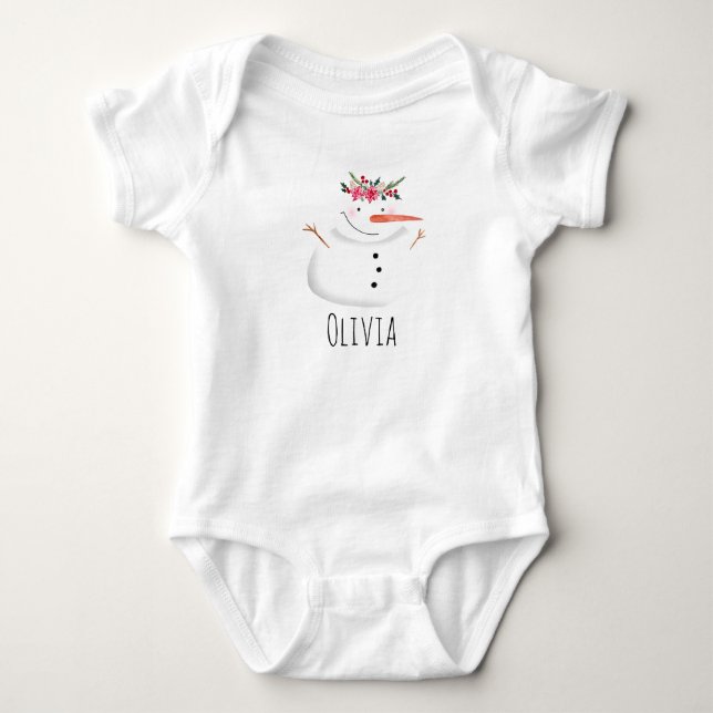 Baby Girls First Christmas Flower Snowman and Name Bodysuit (Front)