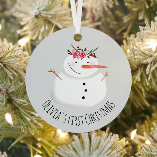 Baby Girls First Christmas Flower Snowman and Name Metal Ornament