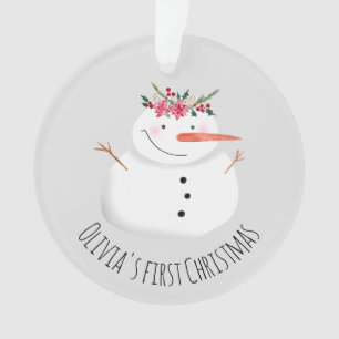 Baby Girls First Christmas Flower Snowman and Name Ornament