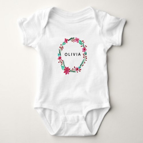 Baby Girls First Christmas Flower Wreath and Name Baby Bodysuit