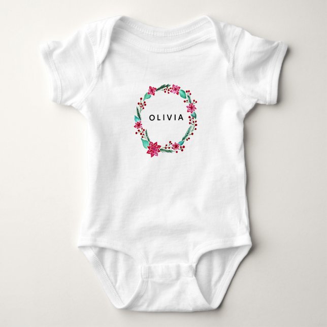 Baby Girls First Christmas Flower Wreath and Name Bodysuit (Front)