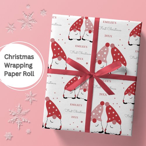 Baby Girls First Christmas Gnomes Red Pink Wrapping Paper