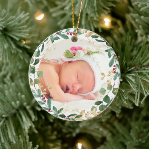Baby girls first Christmas greenery gold elegant Ceramic Ornament