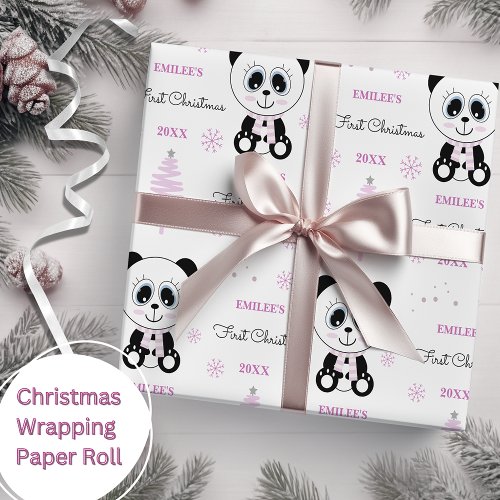 Baby Girls First Christmas Panda Bear Pink Wrapping Paper