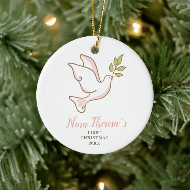 Baby Girl's First Christmas Personalized Dove Ceramic Ornament (Tree)