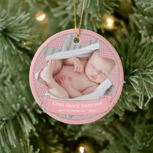 Baby Girls First Christmas Photo  Blush Pink Ceramic Ornament