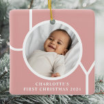 Baby Girl's First Christmas Photo Pink Ceramic Ornament<br><div class="desc">This simple Baby Girl's First Christmas Photo Ornament is decorated with the word JOY on a pink background.
Easily customizable with your photo,  name,  and year.</div>