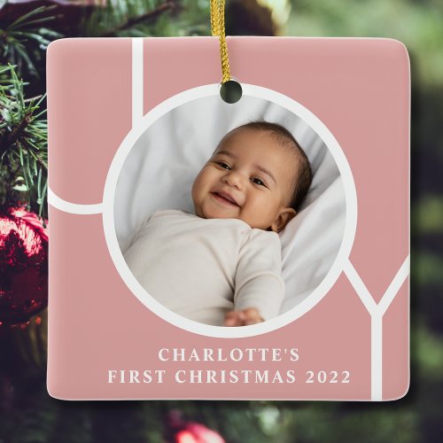 Baby Girls First Christmas Photo Pink Ceramic Ornament