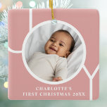 Baby Girl's First Christmas Photo Pink Ceramic Ornament<br><div class="desc">This simple Baby Girl's First Christmas Photo Ornament is decorated with the word JOY on a pink background.
Easily customizable with your photo,  name,  and year.</div>