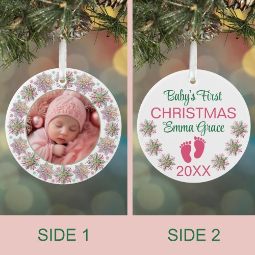 Baby Girls First Christmas Photo Pink Snowflakes  Ceramic Ornament