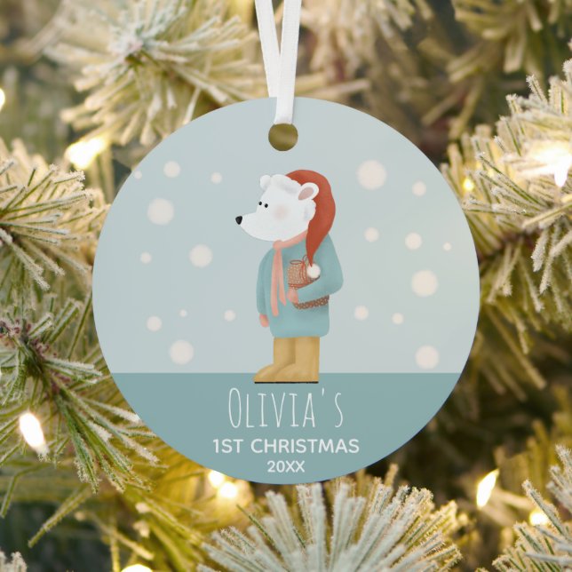 Baby Girls First Christmas Photo Polar Bear & Snow Metal Ornament (Insitu)