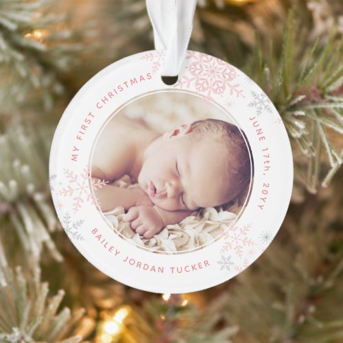 Baby Girls First Christmas Pink Snowflakes Photo Ornament