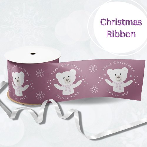 Baby Girls First Christmas Polar Bear Pink Satin Ribbon